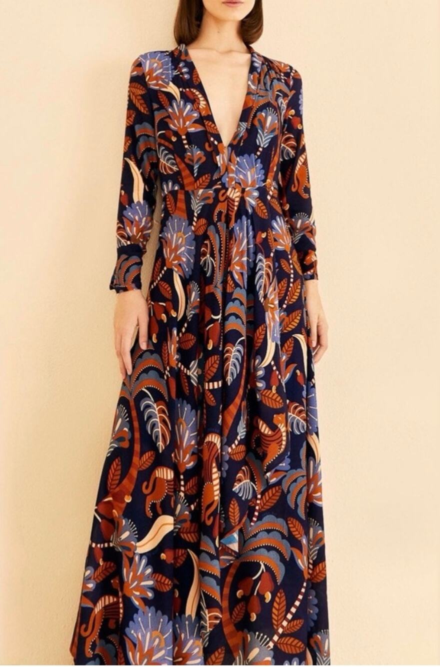 Farm Rio Nature Beauty Long Sleeve Maxi Dress Blue Print S